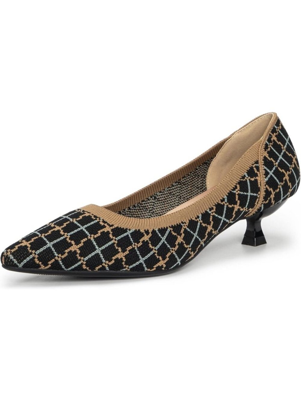 Women's Checkered Black Pointed Toe Knit Slip On Comfortable Kitten Heels Pumps